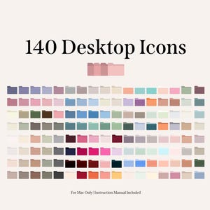 Op de afbeelding: Een set van 140 kleurrijke map-pictogrammen voor Mac-computers. De pictogrammen zijn gerangschikt in een raster en bevatten een verscheidenheid aan kleuren, waaronder roze, blauw, groen en bruin. De tekst "For Mac Only | Instruction Manual Included" staat onderaan de afbeelding.