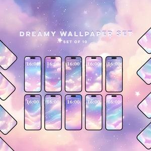 Pode incluir: Um conjunto de dez papéis de parede de telefone de sonho com um céu rosa pastel, roxo e azul com nuvens e estrelas. A hora é exibida como 16:00 em cada tela do telefone.