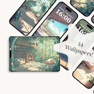 Op de afbeelding: Een verzameling van 14 telefoonachtergronden met verschillende scènes, waaronder een bibliotheek, een bos en een kamer met een open haard. De achtergronden zijn allemaal in een zachte, pastelkleurige kleurstelling en hebben een fantasierijke, dromerige esthetiek. De tekst op de telefoonschermen luidt "Maandag 23 december" en "16:00".