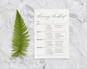 May include: A printable cleaning checklist with a white background and black text. The checklist is divided into four sections: Daily, Weekly, Monthly, and Annually. Each section has a list of cleaning tasks to be completed.