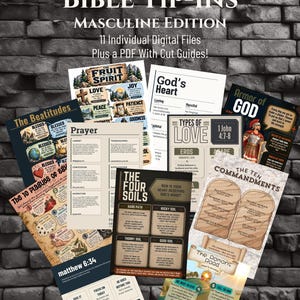 Op de afbeelding: Een verzameling van elf digitale Bijbel tip-in vellen met religieuze thema's zoals The Fruit of the Spirit, The Beatitudes, The Ten Commandments en The Four Soils. Elk vel bevat tekst, illustraties en verwijzingen naar bijbelteksten.