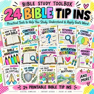 May include: A collection of 24 Bible study tip-in cards featuring colorful illustrations and text including titles like How to Use Your Bible, Context Matters, Asking Good Questions, Keywords & Repetition, Compare & Contrast, and The Armor of God.