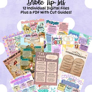 May include: A collection of twelve digital Bible tip-in sheets featuring colorful illustrations and text covering topics like The Beatitudes, The Ten Commandments, The Four Soils, and Fruit of the Spirit, designed for journaling and study.