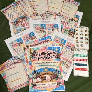 May include: A Christmas Bible journaling kit titled A Little Space for Advent, featuring 24 days of the names of Jesus. The set includes multiple printed sheets with colorful illustrations of a manger, stars, and floral patterns, along with sticker sheets.