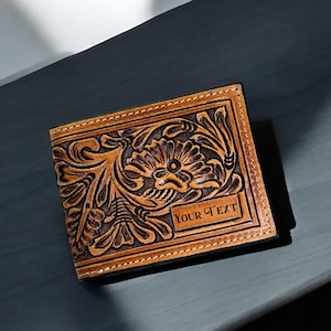 Genuine Leather Bifold Floral Wallet for Men Women Western Wallet Handmade Leather Cowboy Wallet Casual Tooled Wallet Father's Day Gift