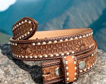 Western-Blumen-Gürtel aus echtem Vollnarbenleder ohne Schnalle geprägt Gürtel Cowboy handgemachte Snap-On Gürtel Riemen Vatertagsgeschenk