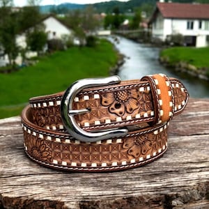 Western Floral Belt Cowhide Full Grain Leather Heavy Duty With Buckle Embossed Belt Cowboy Handmade Strap Snap-On Belt Fathers Day Gifts