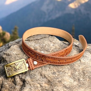 Personalized Western Leather Belt with Solid Brass Buckle Handmade Tooled Leather Belt Embossed Full Grain Removable Buckle Cowboy Belt