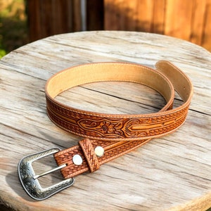 Personalized Western Genuine Leather Belt with Buckle Handmade Tooled Leather Belt Embossed Full Grain Removable Buckle Cowboy Belt 1 1/2&quot;