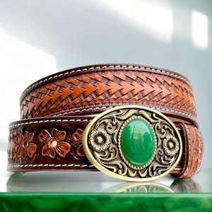 Floral Leather Belt Handmade Men&#39;s Western Belt Genuine Full Grain Leather Heavy Duty Embossed Belt Cowboy Handmade Belts Snap-On Belt Strap