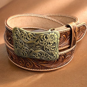 Floral Handmade Western Engraved Leather Belt with Buckle, Leather Snap-On Belt, Full Grain Cowhide with Snaps 1-1/2&quot; WIDE, Cowgirl Belt