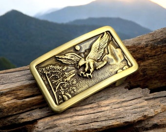 Eagle Western Belt Buckle for Men's Women's, Personalized Solid Brass Eagle Cowboy Replacement Belt Buckles Country Gift for Him 1 1/2" Fits