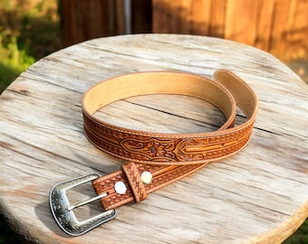 Personalized Western Genuine Leather Belt with Buckle Handmade Tooled Leather Belt Embossed Full Grain Removable Buckle Cowboy Belt 1 1/2&quot;