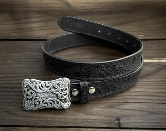 Western Floral Personalized Leather Belt with Floral Buckle Leather Snap-On Belt Full Grain Cowhide with Snaps 1-1/2&quot; WIDE Fathers Day Gifts