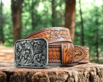 Genuine Full Grain Leather Heavy Duty Embossed Belt Cowboy Handmade Belts Snap-On Belt Strap Floral Leather Belt Handmade Men&#39;s Western Belt