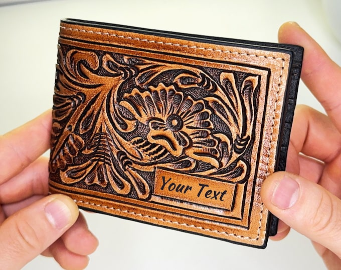 Genuine Leather Bifold Floral Wallet for Men Women Western Wallet Handmade Leather Cowboy Wallet Casual Tooled Wallet Christmas Gift