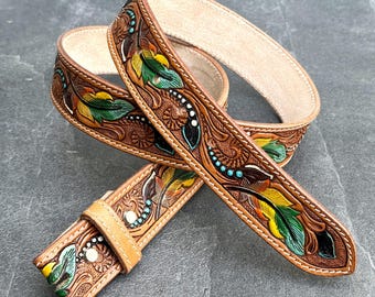 Herren Damen Echtleder Gürtel Riemen im Western-Stil Handbemalt Geprägtes Anschraubbare Cowboy Gürtel Riemen Nur Vatertagsgeschenk