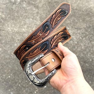 Handmade Men's Western Belt Genuine Full Grain Leather Feather Embossed with Buckle Cowboy Personalized Cowhide Belt Father's Day Gift