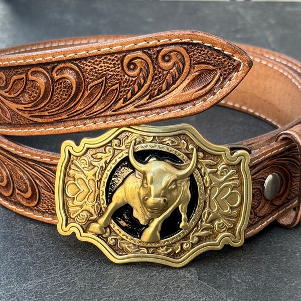 Handmade Western Floral Engraved Leather Belt with Buckle, Leather Snap-On Belt, Full Grain Cowhide with Snaps 1-1/2" WIDE, Cowboy Belt