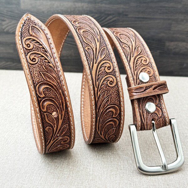 Handmade Leather Belt, Custom Leather Belts, Western Belt, Personalized Flowers Tooled Leather Belt, Floral Design Belt, Fathers Day Gift