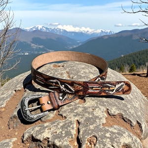 Könnte beinhalten: Ein brauner Ledergürtel mit einem dekorativen Design mit Federn und Pfeilen. Der Gürtel hat eine silberne Schnalle und wird auf einem Felsen mit einem malerischen Bergpanorama präsentiert.