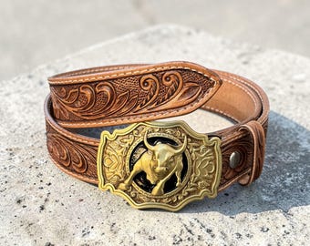 Handmade Western Floral Engraved Leather Belt with Bull Buckle Snap-On Belt Full Grain Cowhide with Snaps 1-1/2" WIDE, Father's Day Gift