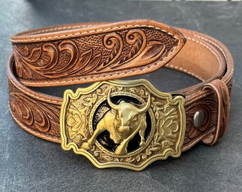 Handmade Western Floral Engraved Leather Belt with Buckle, Leather Snap-On Belt, Full Grain Cowhide with Snaps 1-1/2" WIDE, Cowboy Belt
