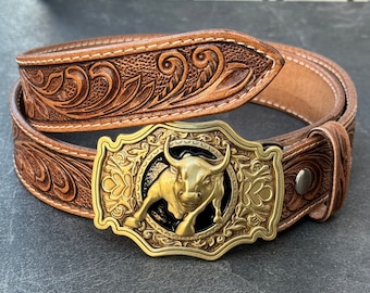 Handmade Western Floral Engraved Leather Belt with Buckle, Leather Snap-On Belt, Full Grain Cowhide with Snaps 1-1/2&quot; WIDE, Fathers Day Gift
