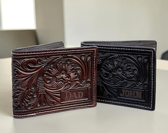 Personalized Leather Bifold Floral Wallet Western Billfold Handmade Full Grain Cowhide Cowboy Wallet Casual Tooled Wallet Father's Day Gift