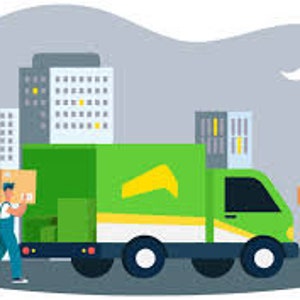May include: A bright green delivery truck with a yellow logo is parked in front of grey city buildings at night. Two workers in blue uniforms are carrying brown cardboard boxes towards the open back of the truck under a crescent moon.