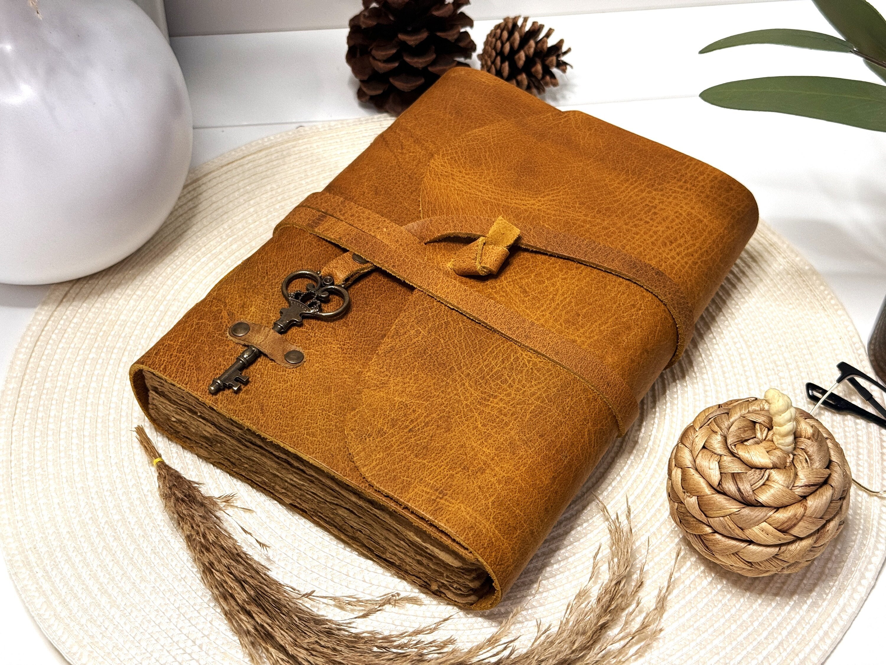 Personalized Vintage Genuine Leather Journal, Leather Cord Coptic Bound and Leather Tie Closure, Handmade Deckle Edge Paper Fathers Day Gift