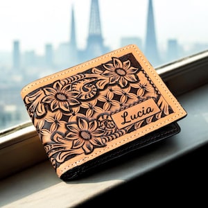 Cartera floral plegable de cuero genuino para hombres y mujeres, billetera occidental, billeteras de cuero hechas a mano, billetera vaquera, billetera informal, billetera de cuero repujado.
