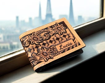 Genuine Leather Bifold Floral Wallet for Men Women Western Wallet Handmade Leather Wallets Cowboy Casual Tooled Wallet Father's Day Gift