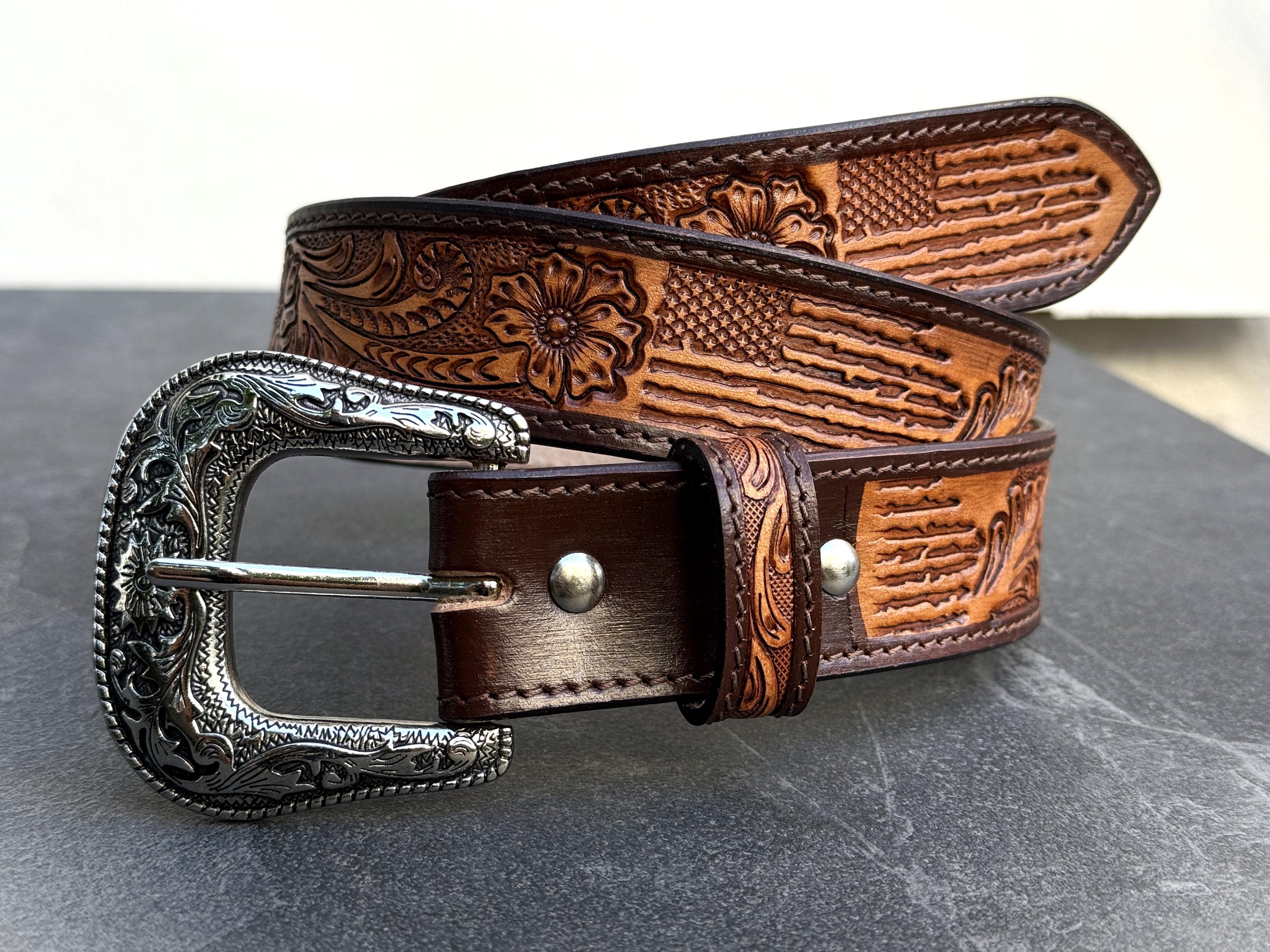 Cintura in pelle PU da cowboy occidentale - Cintura da uomo con decorazione floreale incisa per jeans  200000297