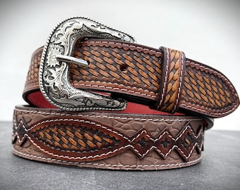Western handgefertigter Gürtel aus echtem Vollnarbenleder mit geprägter Gürtelschnalle des Westerns Cowboy handgefertigter Rindsleder punzierter Gürtel Vatertagsgeschenk