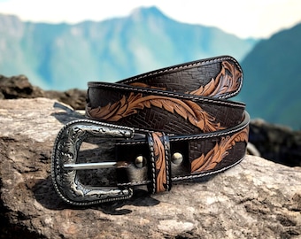 Western Handmade Belt Genuine Full Grain Leather With Buckle Embossed Belt Cowboy Handmade Cowhide Tooled Belt Christmas Gift