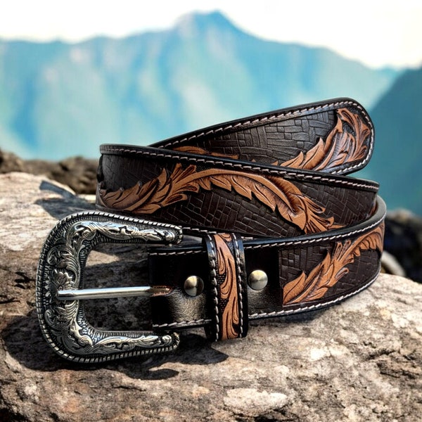 Westerse Handgemaakte Riem Echt Volnerf Leer Met Gesp Reliëf Riem Cowboy Handgemaakte Koeienhuid Tooled Riem Vaderdagcadeau