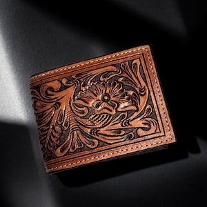 Genuine Leather Bifold Floral Wallet for Men Women Western Wallet Handmade Leather Wallets Cowboy Wallet Casual Wallet Tooled Leather Wallet