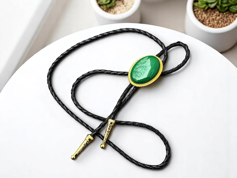 May include: A black bolo tie with a braided leather cord. The focal point is an oval, green stone set in a gold-colored frame. The tie features gold-colored metal tips and a sliding clasp.