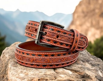 COWHIDE Heavy Duty Leather Belt, 100% Genuine Full Grain Belts for Men, Embossed Tooled Cowhide Belt, Chicago Screw On, Father's Day Gift