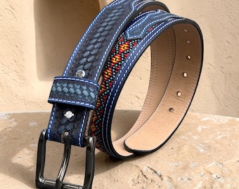 Men's Navy Blue Western Belt, Beaded Leather with Basketweave Detail and Interchangeable Buckle 1.5" Christmas Gift