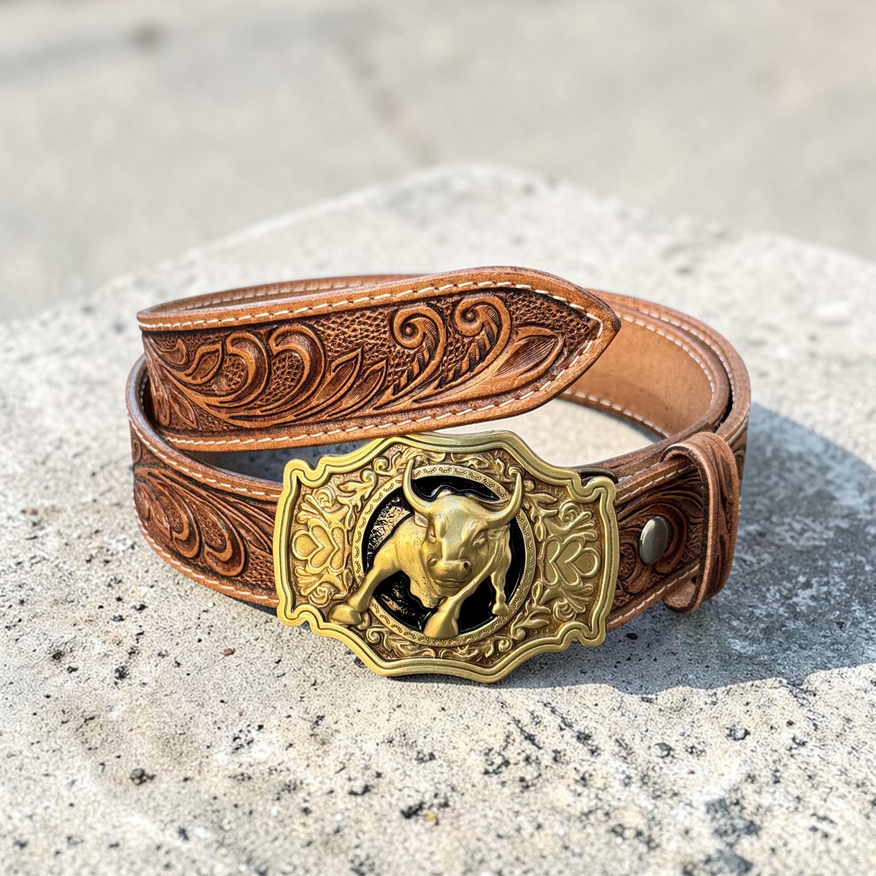 Handmade Western Floral Engraved Leather Belt With Bull 