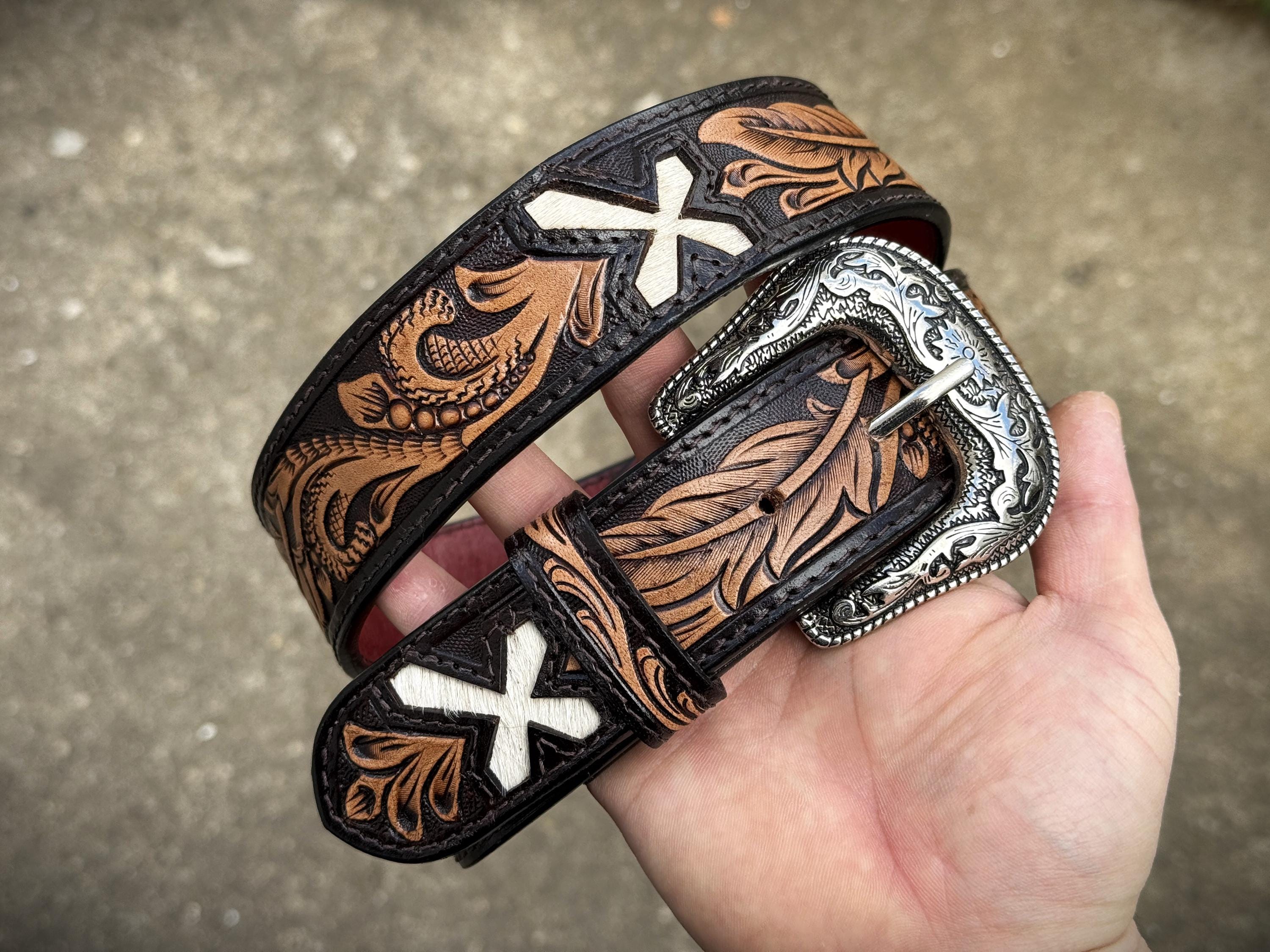 Western Cross Leather Belt for Men Women Personalized Cowboy  display picture 2