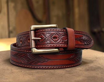 Western Brown Leather Belt for Men, Full-Grain Cowhide, Heavy-Duty Embossed, Solid Brass Buckle 1.5"