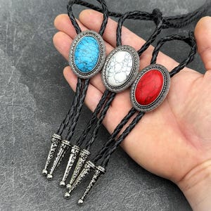 Personalized Western Cowboy Stone Bolo Tie for Men Women, Braided Leather Country Necktie, Cowboy Cowgirl Rodeo Necklace, Fathers Day Gift