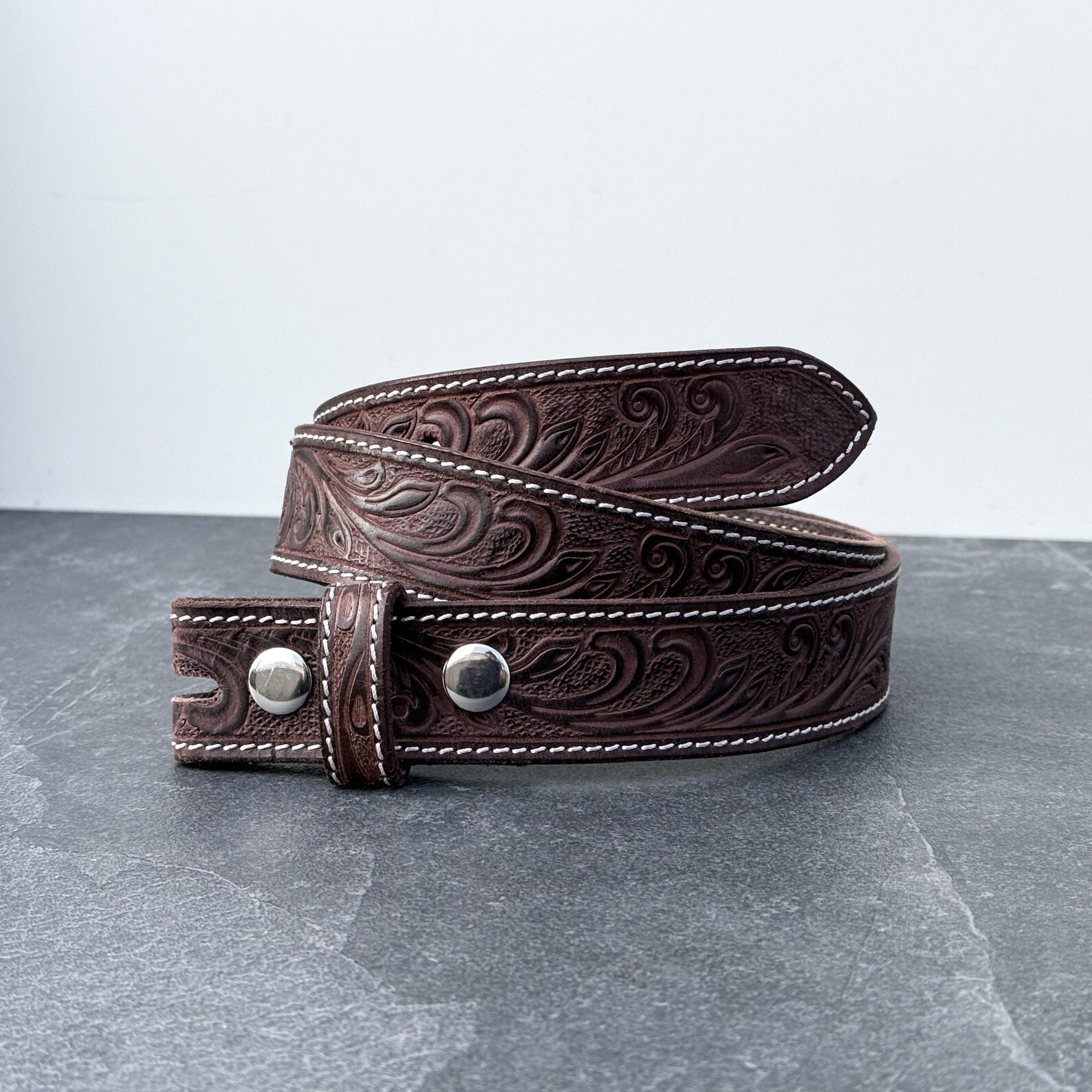 Western Tooled Leather Belt Strap Genuine Cowhide Brown Floral Engraved ...