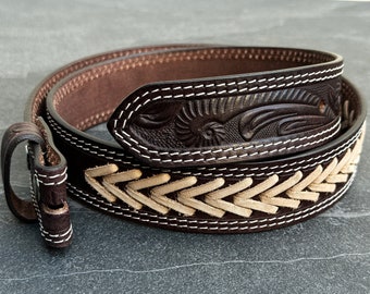 Western Leather Belt Tooled Embossed Strap Genuine Full Grain Leather NO Buckle Men’s Cowboy Rodeo Engraved Belt 1.5" Father's Day Gift