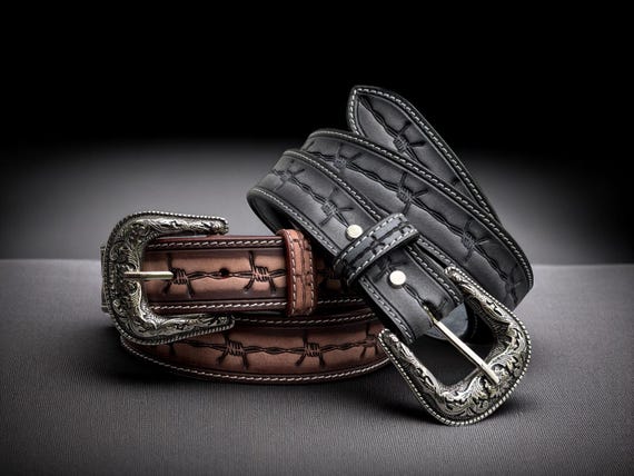 Barbed Wire Embossed Western Leather Belt Handmade Genuine Cowhide Cowboy Tooled Belt With Buckle Chicago Screw On Father's Day Gift