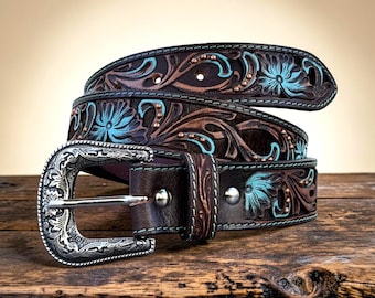 Cinturón de cuero estilo western para mujer, hecho a mano, con detalles florales en turquesa, forro de piel de vaca con pelo, detalles en cobre, regalo personalizado para ella.