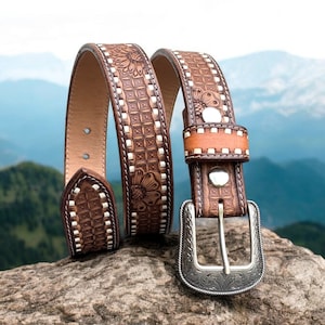 Western Belt Handmade Men&#39;s Full Grain Leather With Buckle Cowboy Rodeo Floral Belt Embossed Tooled Leather Belt Ranch Fathers Day Gift